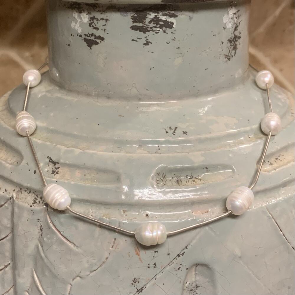 Sterling Silver & Freshwater Ringed Pearl Station Necklace Vintage Made in Italy